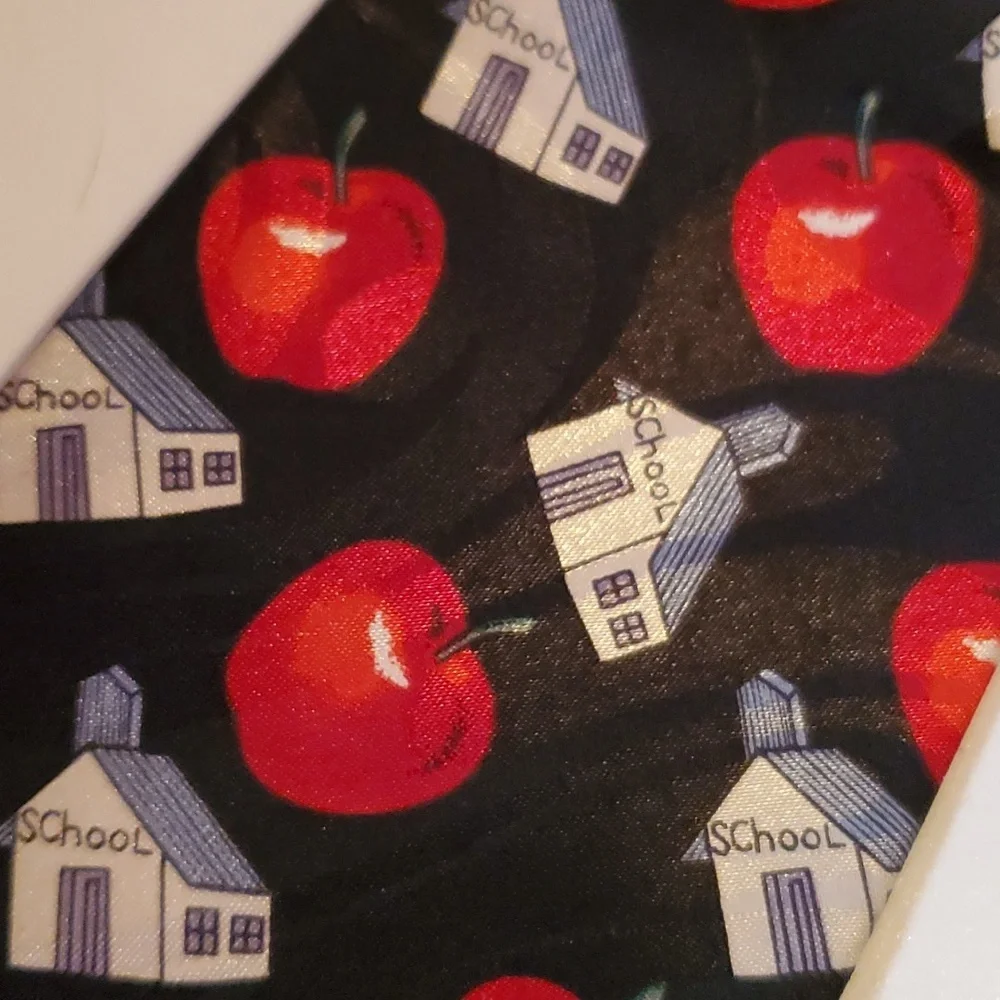 SCHOOL NECKTIE Black Tie White Schoolhouses & Bright Red Delicious Apples